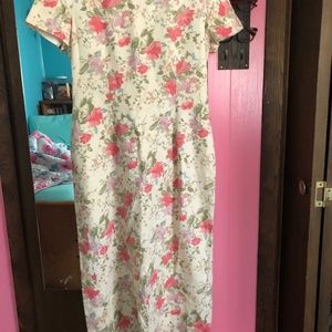 Vintage Maggy London Women's Linen & Cotton Blend Lined Tan Floral Dress Size 12